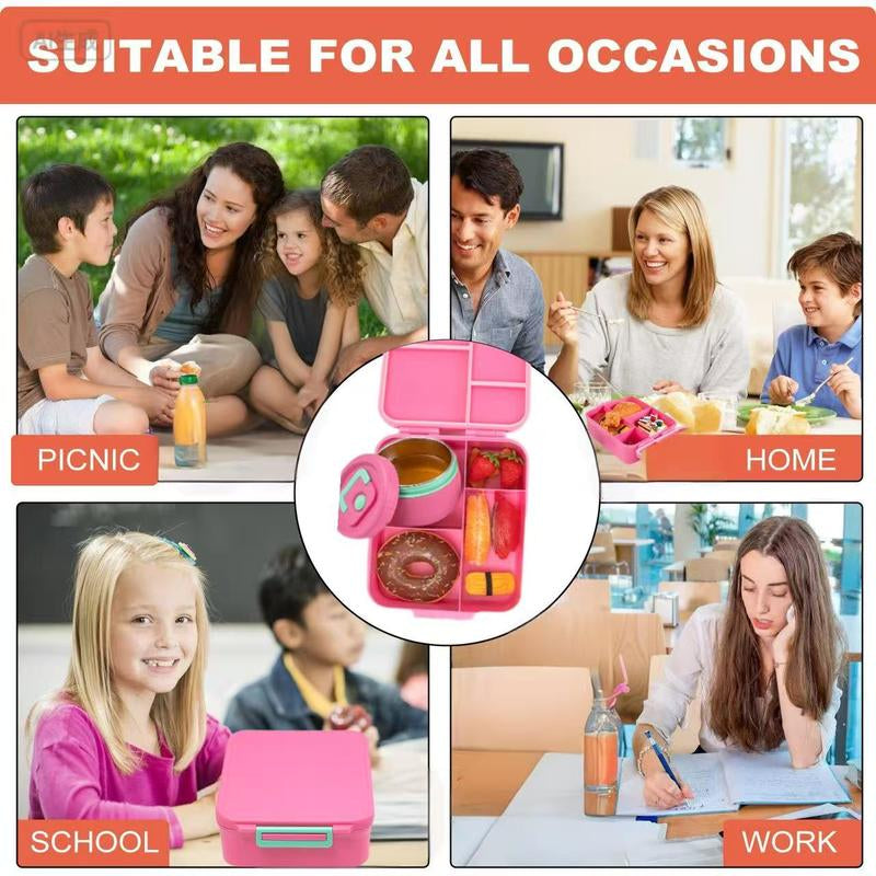 Bento Lunch Box Set for Kids🍗🥦🍓🍰🍲 with 8Oz Soup Thermo, Leak-Proof Lunch Containers with 4 Compartment, Kids Thermo Hot Food Jar ,BPA Free , Utensils for Girl Boy School, Microwave Dishwasher Safe