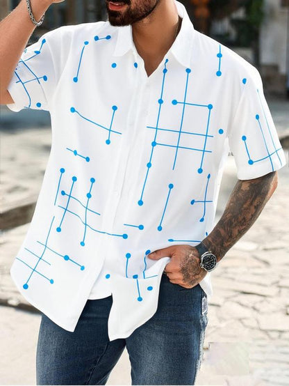 Men'S Regular Fit Geometric Line Print Short Sleeve Shirt, Casual Comfy Top for Summer, Fashion Men'S Clothes for Daily Wear