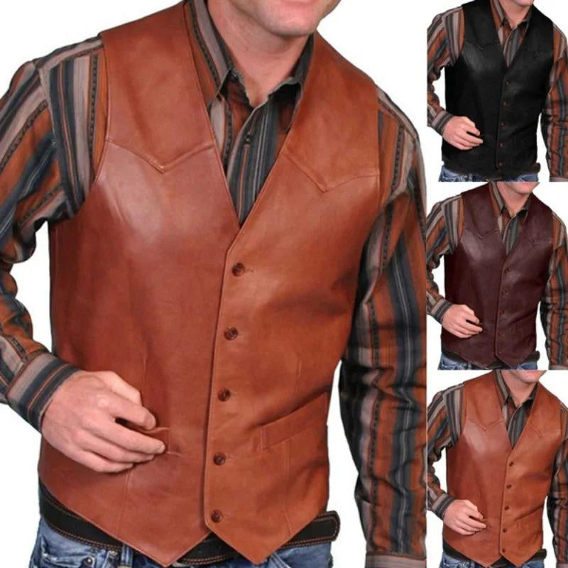 New Mens Vest Fashion Retro Single-Breasted Leather Vest Mens Coat Design Novelty Unique Style Fathersdaygift Long Sleeve Stripe Striped Menswear Tops Suits Black Vneck