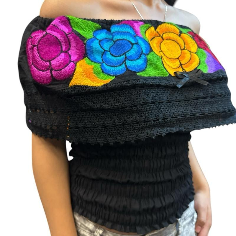 Roses Designs off the Shoulder Mexican Top Cotton