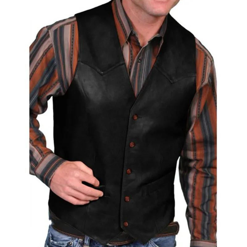 New Mens Vest Fashion Retro Single-Breasted Leather Vest Mens Coat Design Novelty Unique Style Fathersdaygift Long Sleeve Stripe Striped Menswear Tops Suits Black Vneck