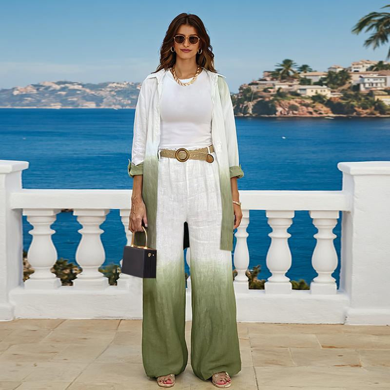2025 Women'S 2 Pieces Outfit Ombre Print Long Sleeve Blouse and Casual High Waist Wide Leg Pants Set (Without Belt)