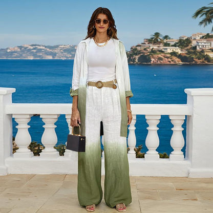 2025 Women'S 2 Pieces Outfit Ombre Print Long Sleeve Blouse and Casual High Waist Wide Leg Pants Set (Without Belt)
