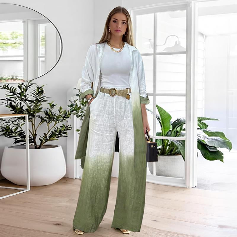 2025 Women'S 2 Pieces Outfit Ombre Print Long Sleeve Blouse and Casual High Waist Wide Leg Pants Set (Without Belt)