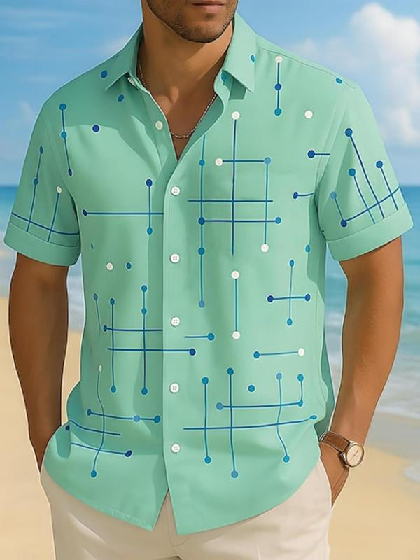 Men'S Regular Fit Geometric Line Print Short Sleeve Shirt, Casual Comfy Top for Summer, Fashion Men'S Clothes for Daily Wear