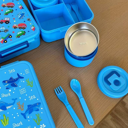Bento Lunch Box Set for Kids🍗🥦🍓🍰🍲 with 8Oz Soup Thermo, Leak-Proof Lunch Containers with 4 Compartment, Kids Thermo Hot Food Jar ，BPA Free ， Utensils for Girl Boy School, Microwave Dishwasher Safe