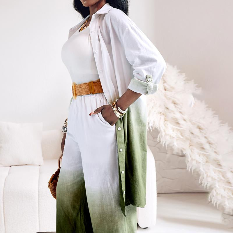 2025 Women'S 2 Pieces Outfit Ombre Print Long Sleeve Blouse and Casual High Waist Wide Leg Pants Set (Without Belt)