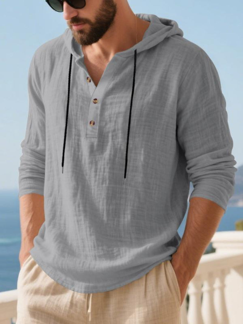 Men'S Casual Long Sleeve Hooded Linen Shirt, Loose Fit Beachwear, Comfortable Breathable Spring Summer Vacation Clothing, Durable Daily Use