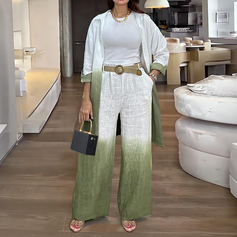 2025 Women'S 2 Pieces Outfit Ombre Print Long Sleeve Blouse and Casual High Waist Wide Leg Pants Set (Without Belt)