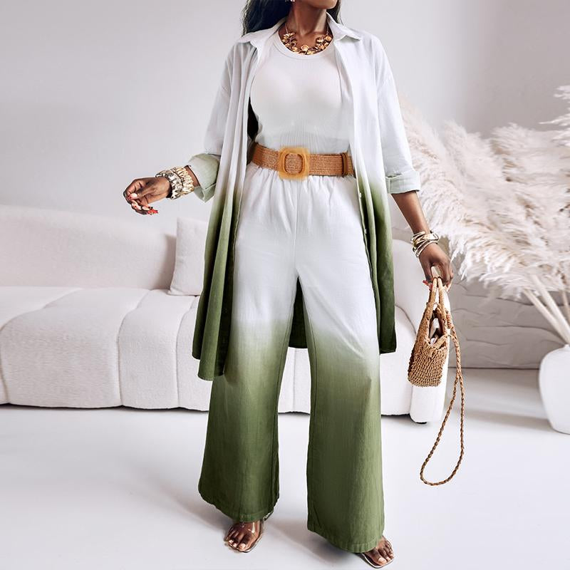 2025 Women'S 2 Pieces Outfit Ombre Print Long Sleeve Blouse and Casual High Waist Wide Leg Pants Set (Without Belt)