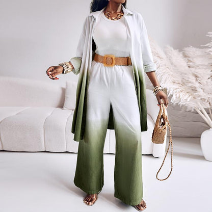 2025 Women'S 2 Pieces Outfit Ombre Print Long Sleeve Blouse and Casual High Waist Wide Leg Pants Set (Without Belt)