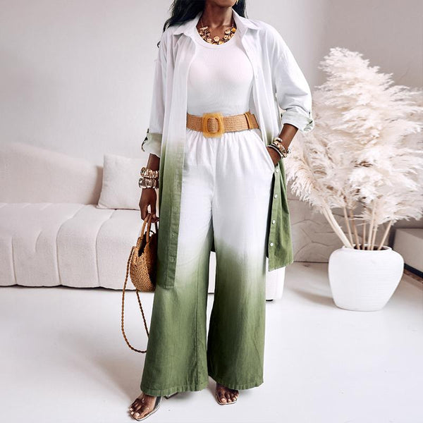 2025 Women'S 2 Pieces Outfit Ombre Print Long Sleeve Blouse and Casual High Waist Wide Leg Pants Set (Without Belt)