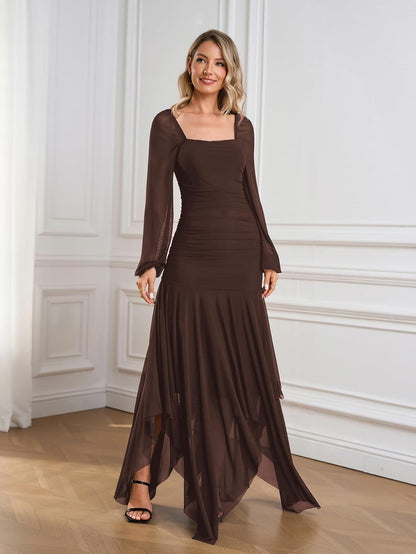 Women's Formal Long Sleeve Maxi Dress Asymmetrical Hem Square Neck Mesh Cocktail Dresses