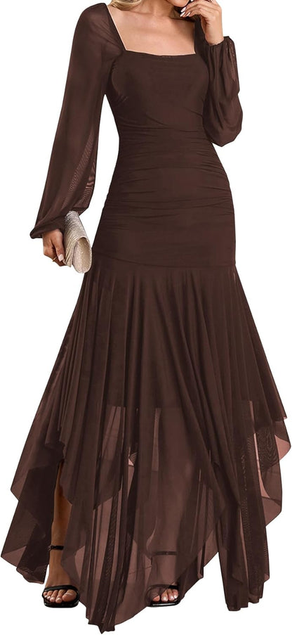 Women's Formal Long Sleeve Maxi Dress Asymmetrical Hem Square Neck Mesh Cocktail Dresses