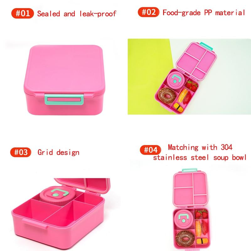 Bento Lunch Box Set for Kids🍗🥦🍓🍰🍲 with 8Oz Soup Thermo, Leak-Proof Lunch Containers with 4 Compartment, Kids Thermo Hot Food Jar ，BPA Free ， Utensils for Girl Boy School, Microwave Dishwasher Safe