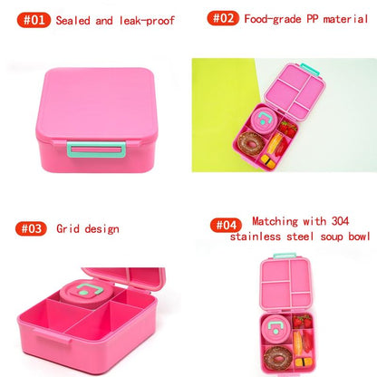 Bento Lunch Box Set for Kids🍗🥦🍓🍰🍲 with 8Oz Soup Thermo, Leak-Proof Lunch Containers with 4 Compartment, Kids Thermo Hot Food Jar ，BPA Free ， Utensils for Girl Boy School, Microwave Dishwasher Safe