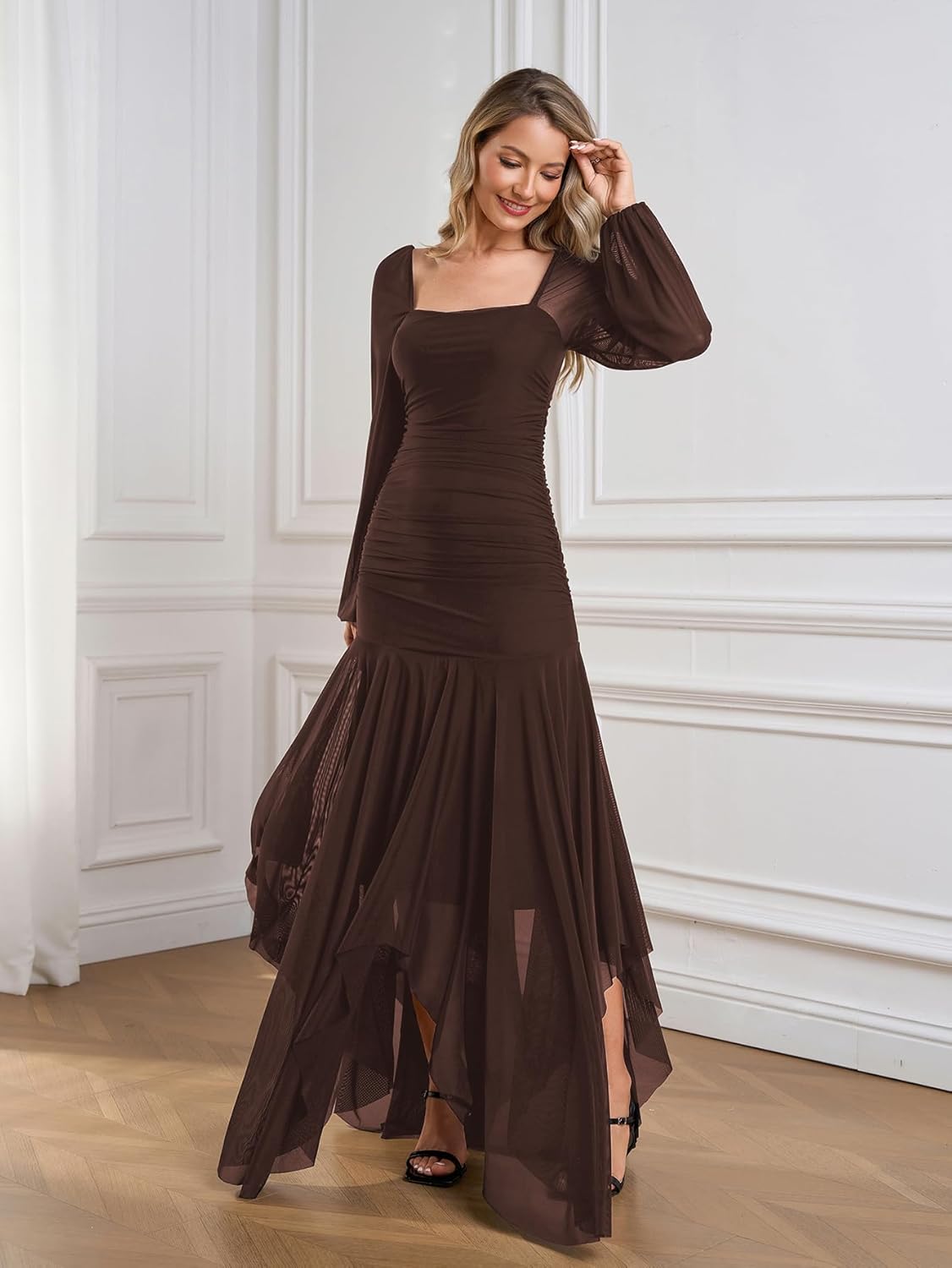 Women's Formal Long Sleeve Maxi Dress Asymmetrical Hem Square Neck Mesh Cocktail Dresses