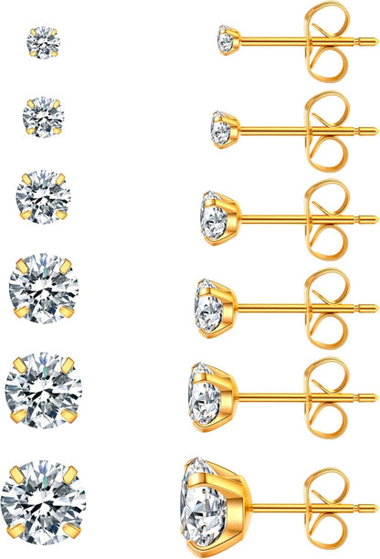 6 Pairs Stud Earrings Set, Hypoallergenic Cubic Zirconia 316L Earrings Stainless Steel CZ Earrings 3-8Mm (Steel Color)