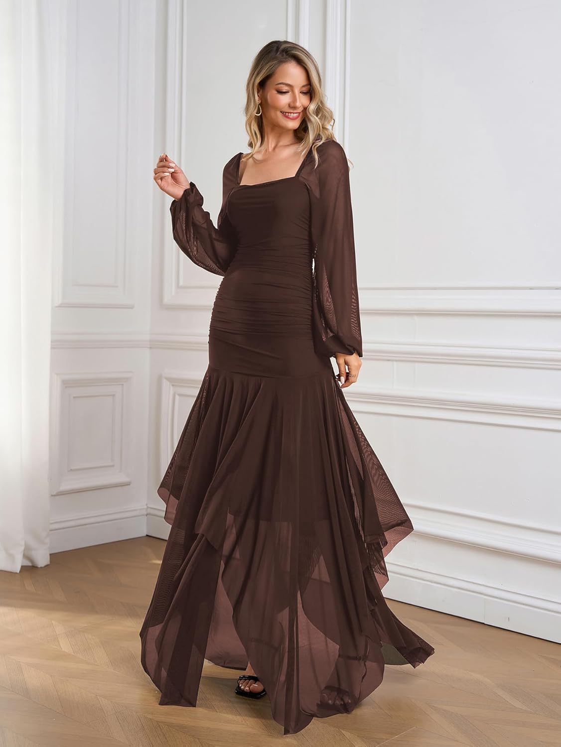 Women's Formal Long Sleeve Maxi Dress Asymmetrical Hem Square Neck Mesh Cocktail Dresses