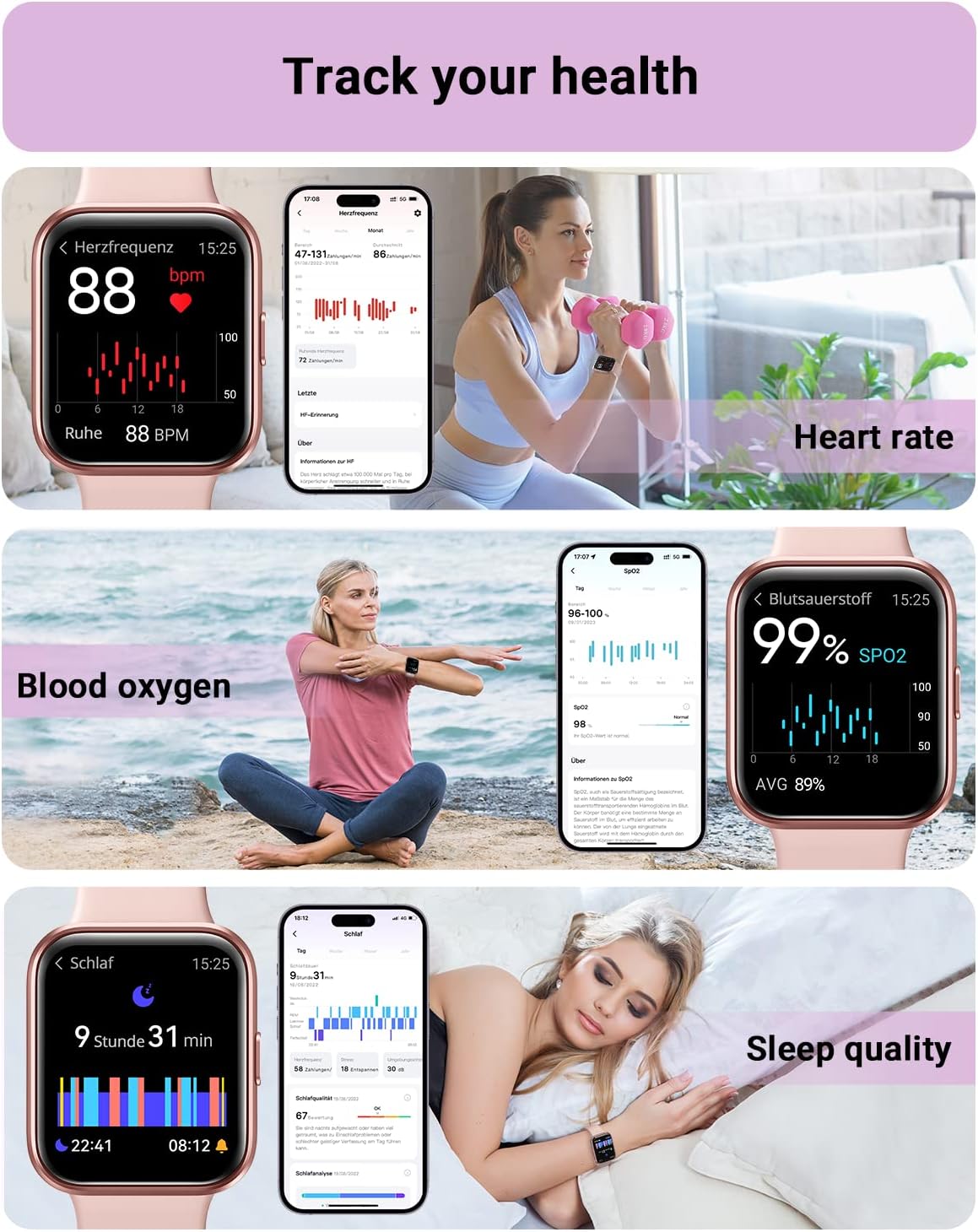 Smart Watch for Women Android & Iphone, Alexa Built-In, 1.8" Touch Screen Fitness Tracker with Answer/Make Calls, IP68 Waterproof Heart Rate/Sleep/Spo2 Monitor, Pedometer, 100+ Sport Modes