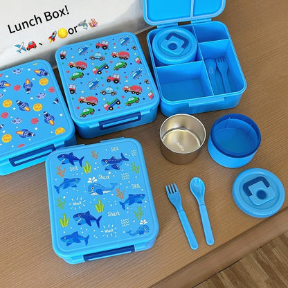 Bento Lunch Box Set for Kids🍗🥦🍓🍰🍲 with 8Oz Soup Thermo, Leak-Proof Lunch Containers with 4 Compartment, Kids Thermo Hot Food Jar ，BPA Free ， Utensils for Girl Boy School, Microwave Dishwasher Safe