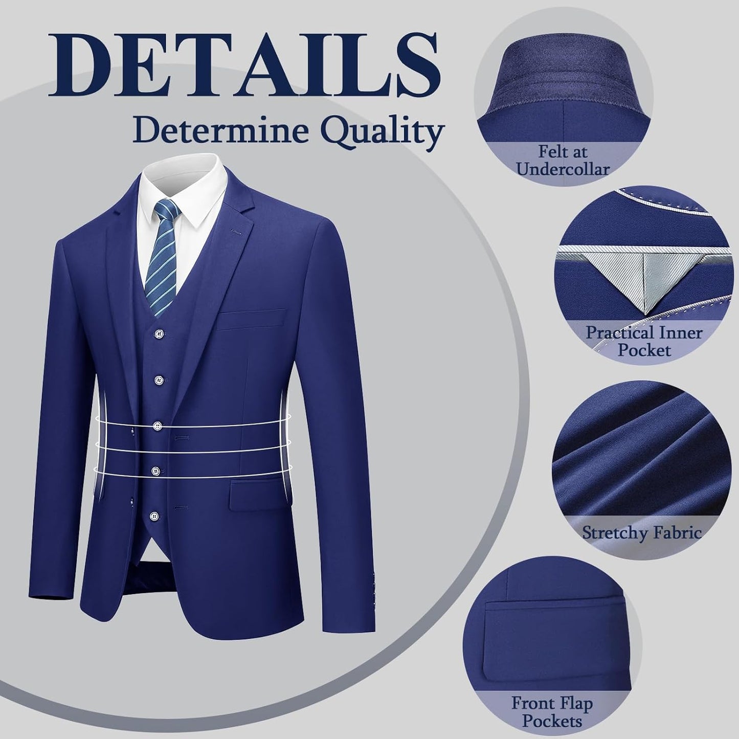 Men'S Suits Slim Fit, 3 Piece Suits for Men, 2 Buttons Solid Jacket Vest Pants, Tuxedo Set for Business, Wedding