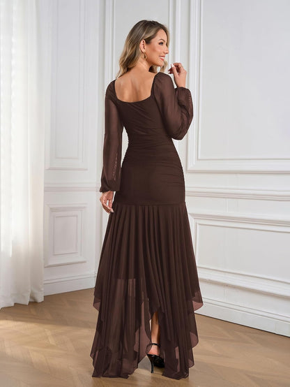 Women's Formal Long Sleeve Maxi Dress Asymmetrical Hem Square Neck Mesh Cocktail Dresses