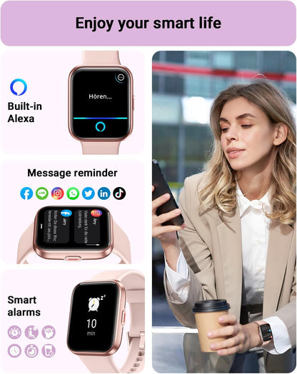Smart Watch for Women Android & Iphone, Alexa Built-In, 1.8" Touch Screen Fitness Tracker with Answer/Make Calls, IP68 Waterproof Heart Rate/Sleep/Spo2 Monitor, Pedometer, 100+ Sport Modes