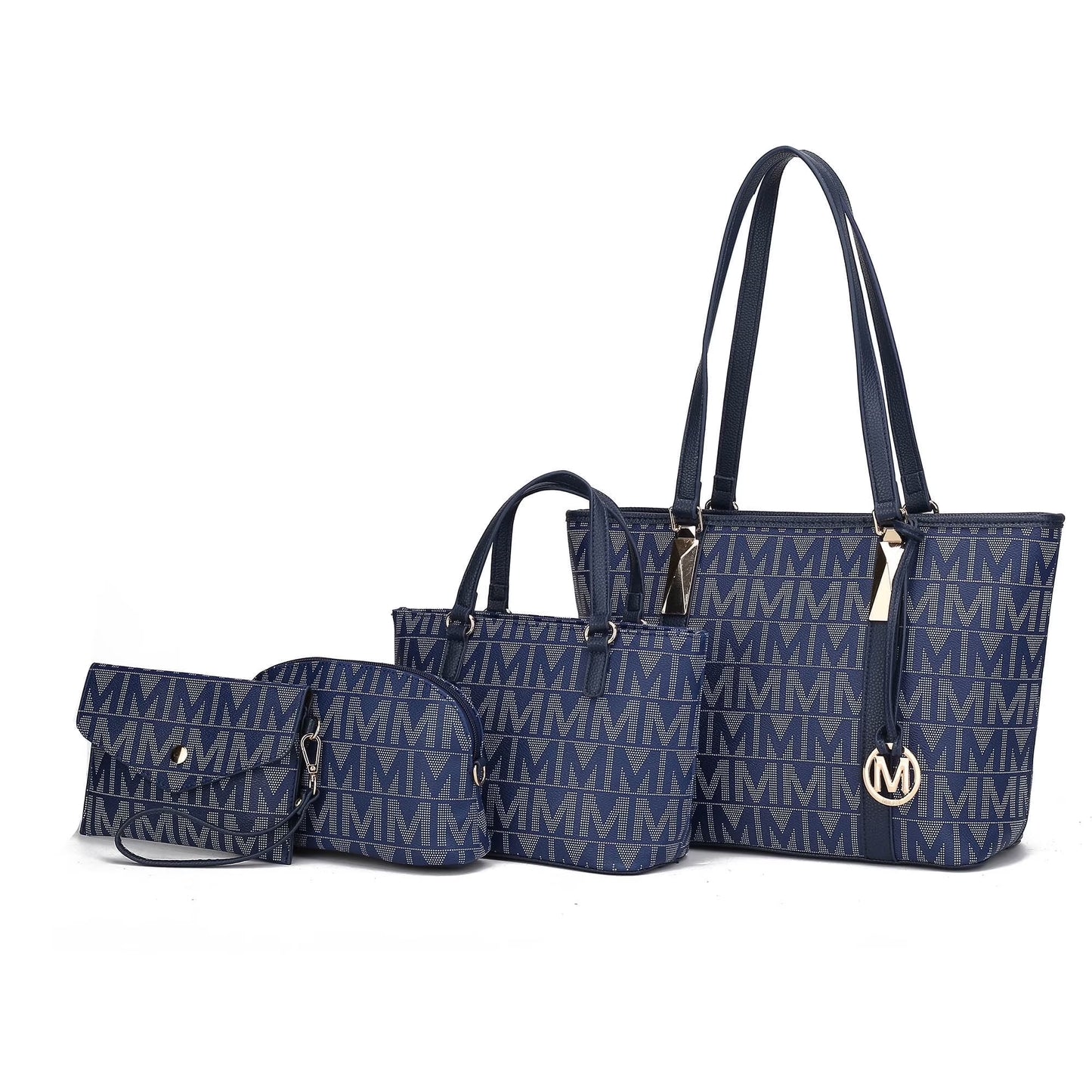 Bolso Tote Pequeño De Cuero Vegano Para Mujer Azul Marino, 4 Piezas