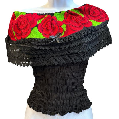 Roses Designs off the Shoulder Mexican Top Cotton