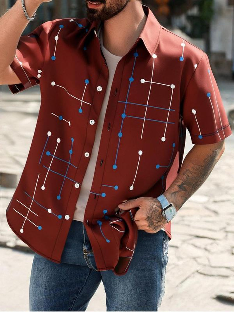 Men'S Regular Fit Geometric Line Print Short Sleeve Shirt, Casual Comfy Top for Summer, Fashion Men'S Clothes for Daily Wear