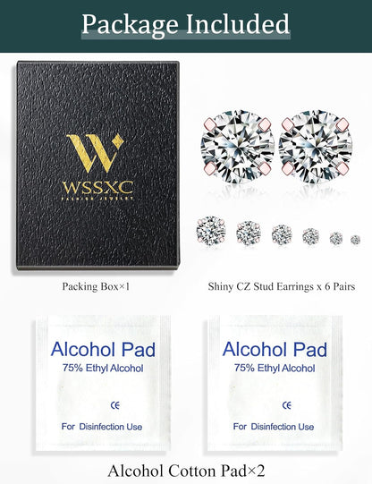 6 Pairs Stud Earrings Set, Hypoallergenic Cubic Zirconia 316L Earrings Stainless Steel CZ Earrings 3-8Mm (Steel Color)