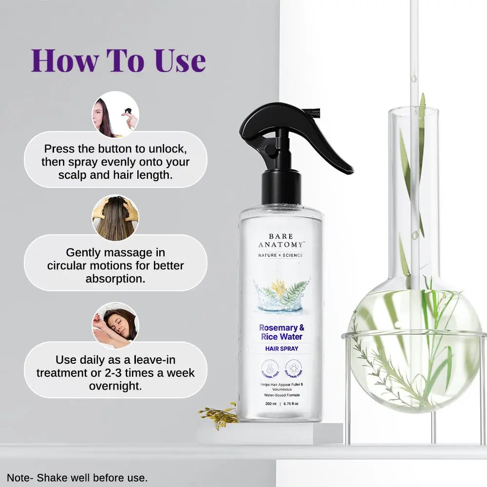 Bare Anatomy Nature X Science Rosemary Water with Rice Water |100% Natural Extract | Soft & Smooth Hair Non-Greasy & Fast Absorbing | 200 Ml