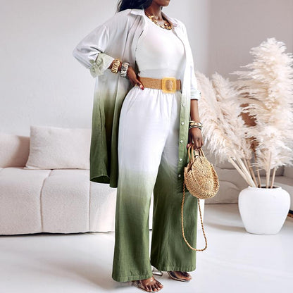 2025 Women'S 2 Pieces Outfit Ombre Print Long Sleeve Blouse and Casual High Waist Wide Leg Pants Set (Without Belt)