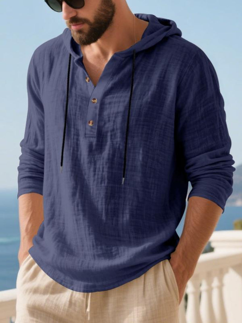 Men'S Casual Long Sleeve Hooded Linen Shirt, Loose Fit Beachwear, Comfortable Breathable Spring Summer Vacation Clothing, Durable Daily Use