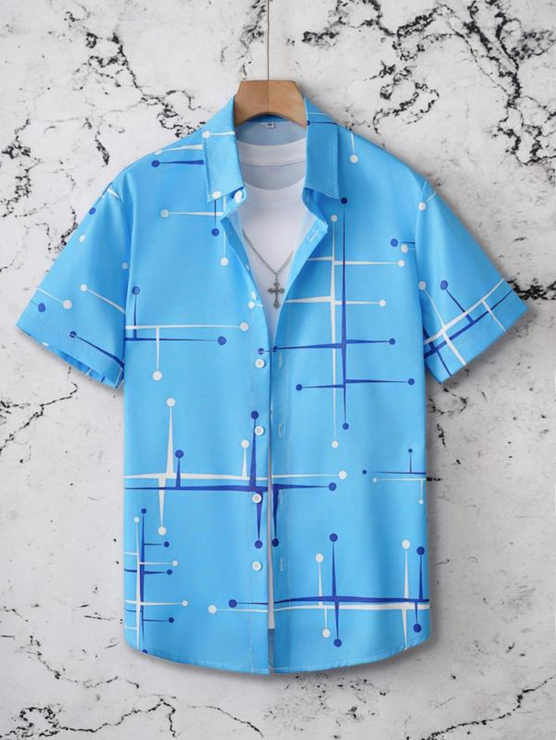 Men'S Regular Fit Geometric Line Print Short Sleeve Shirt, Casual Comfy Top for Summer, Fashion Men'S Clothes for Daily Wear