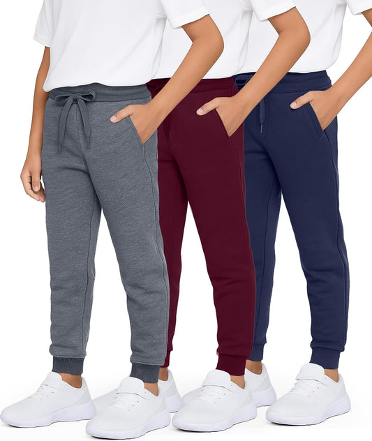 3 Pack: Boys' Cotton Fleece Jogger Sweatpants - Active Athletic Youth Pants for Teens with Pockets