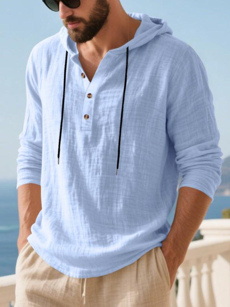 Men'S Casual Long Sleeve Hooded Linen Shirt, Loose Fit Beachwear, Comfortable Breathable Spring Summer Vacation Clothing, Durable Daily Use