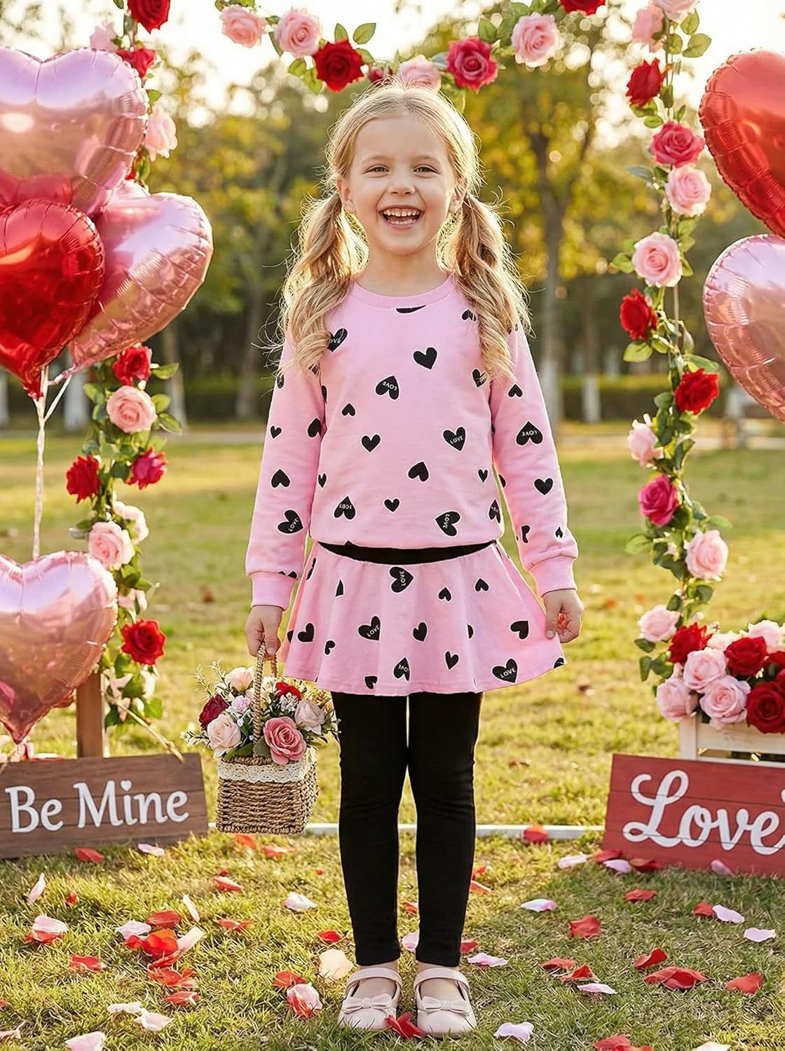 Little Girls Outfits Clothes Toddler Long Sleeve Heart Print Hoodie Shirts Top + Leggings Kids Clothing Set