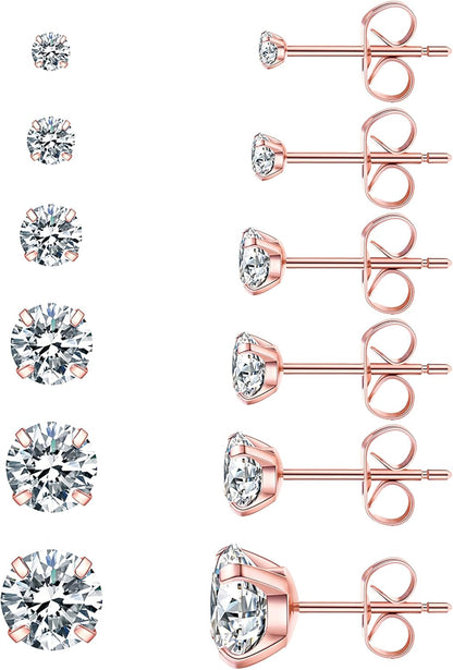6 Pairs Stud Earrings Set, Hypoallergenic Cubic Zirconia 316L Earrings Stainless Steel CZ Earrings 3-8Mm (Steel Color)