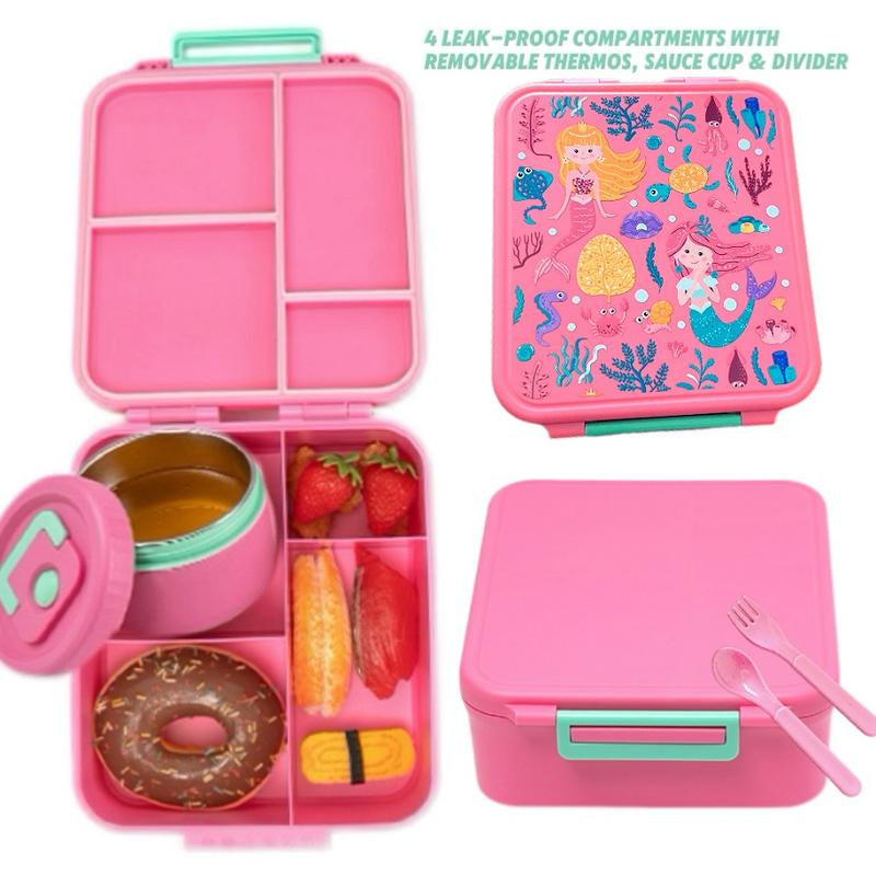 Bento Lunch Box Set for Kids🍗🥦🍓🍰🍲 with 8Oz Soup Thermo, Leak-Proof Lunch Containers with 4 Compartment, Kids Thermo Hot Food Jar ，BPA Free ， Utensils for Girl Boy School, Microwave Dishwasher Safe