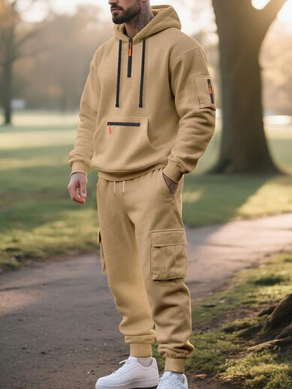 Men'S Winter Thick Fleece Lined Loose-Fit Casual Streetwear Set, Fall & Winter Fashion for Men, Warm Daily Wear Clothing