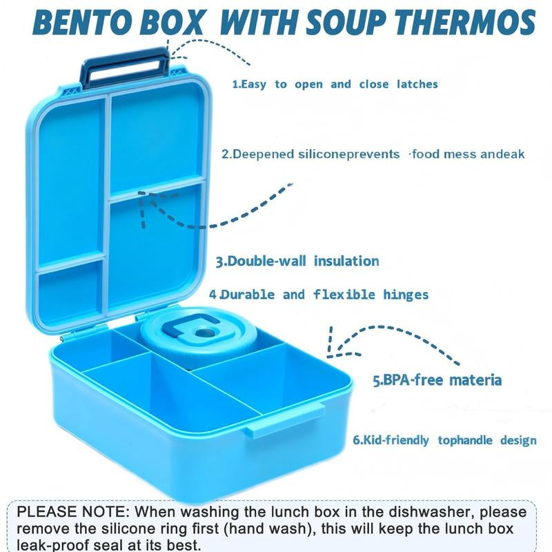 Bento Lunch Box Set for Kids🍗🥦🍓🍰🍲 with 8Oz Soup Thermo, Leak-Proof Lunch Containers with 4 Compartment, Kids Thermo Hot Food Jar ，BPA Free ， Utensils for Girl Boy School, Microwave Dishwasher Safe