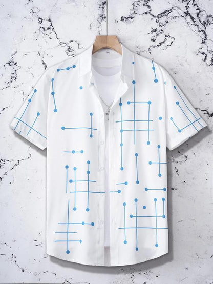 Men'S Regular Fit Geometric Line Print Short Sleeve Shirt, Casual Comfy Top for Summer, Fashion Men'S Clothes for Daily Wear