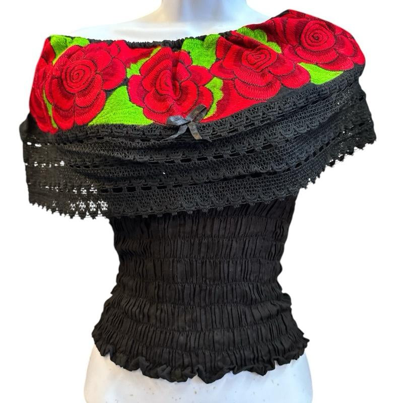 Roses Designs off the Shoulder Mexican Top Cotton