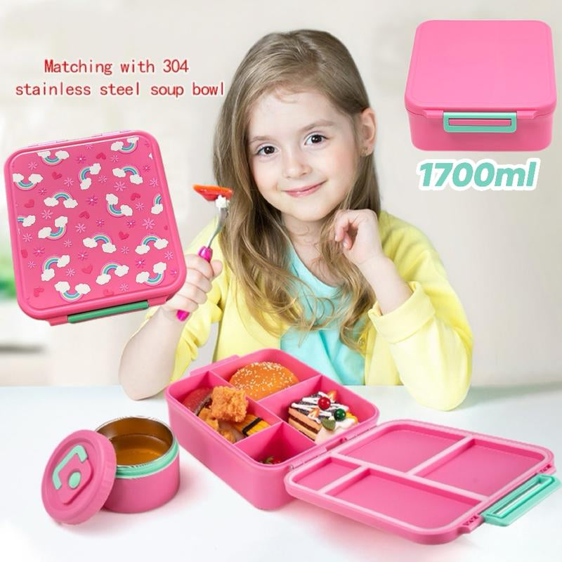 Bento Lunch Box Set for Kids🍗🥦🍓🍰🍲 with 8Oz Soup Thermo, Leak-Proof Lunch Containers with 4 Compartment, Kids Thermo Hot Food Jar ，BPA Free ， Utensils for Girl Boy School, Microwave Dishwasher Safe
