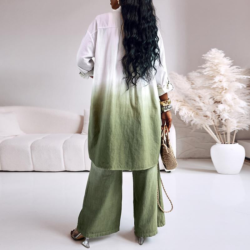 2025 Women'S 2 Pieces Outfit Ombre Print Long Sleeve Blouse and Casual High Waist Wide Leg Pants Set (Without Belt)