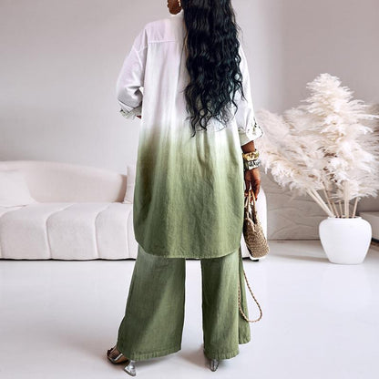2025 Women'S 2 Pieces Outfit Ombre Print Long Sleeve Blouse and Casual High Waist Wide Leg Pants Set (Without Belt)