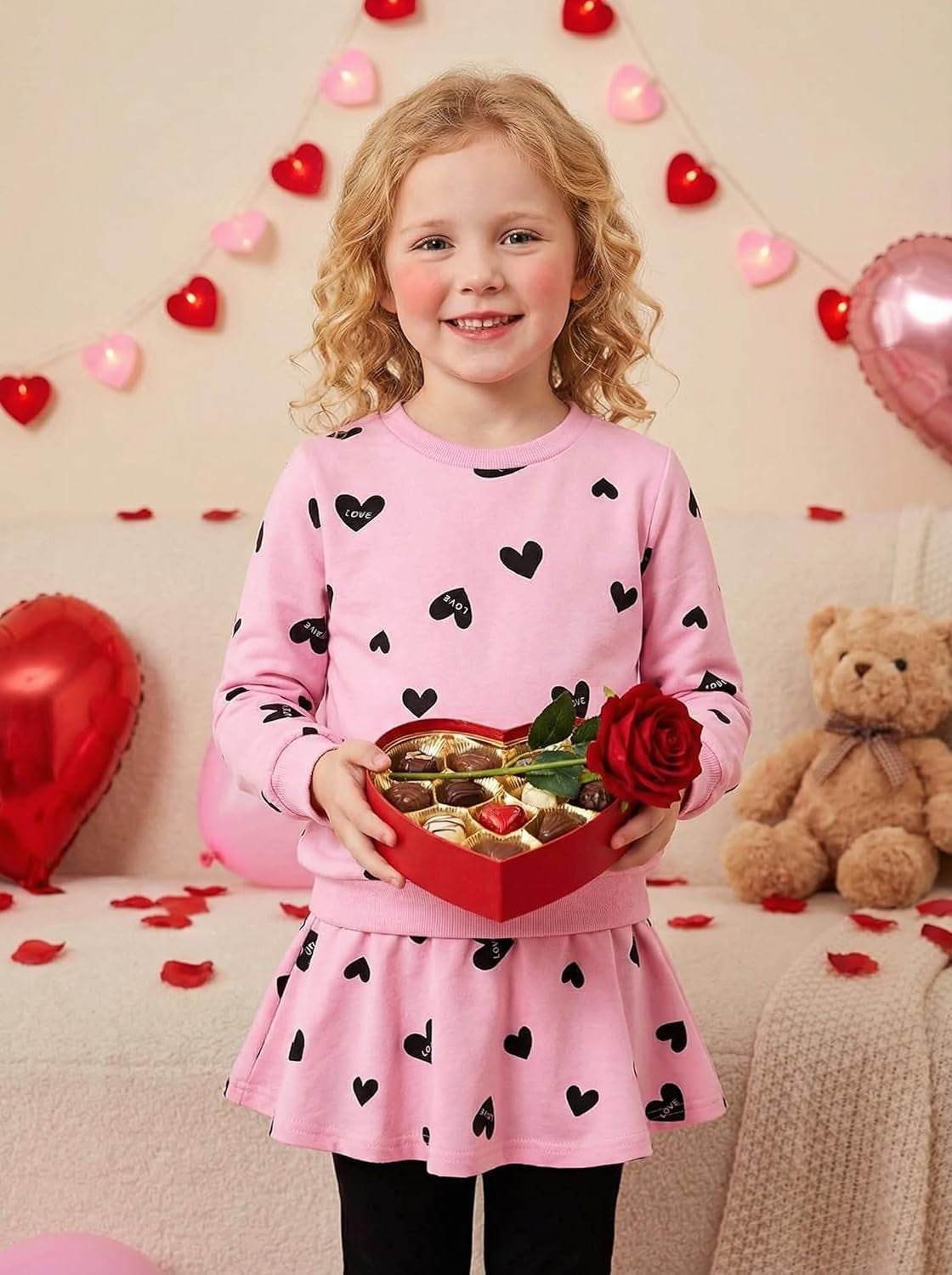 Little Girls Outfits Clothes Toddler Long Sleeve Heart Print Hoodie Shirts Top + Leggings Kids Clothing Set
