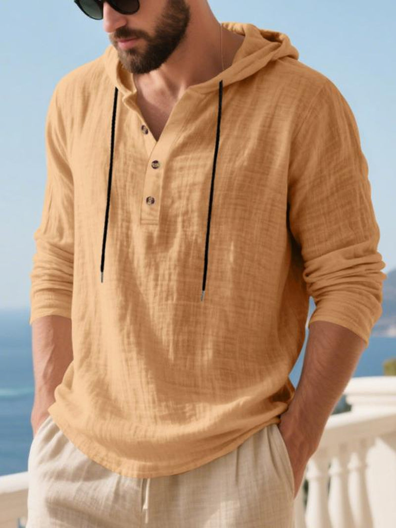 Men'S Casual Long Sleeve Hooded Linen Shirt, Loose Fit Beachwear, Comfortable Breathable Spring Summer Vacation Clothing, Durable Daily Use